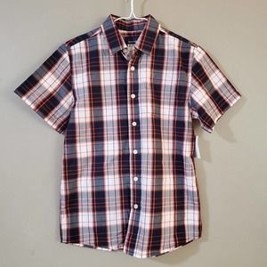 NEW Basic Editions Boys Shirt Size L 10/12 Orange Navy Plaid Short Sleeve Button